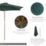 Ombrellone da Giardino 2.5x2.3m a 6 Stecche, in Legno e Poliestere, Verde Scuro - immagine 4