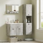 Set Mobili Bagno da 4 Pezzi con Lavabo da 60cm, Mobiletto, Colonna Bagno e Specchiera in Legno, Grigio - immagine 2