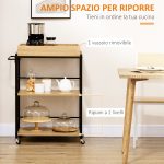 Carrello da Cucina a 3 Ripiani con Vassoio Rimovibile e Ruote Girevoli, 72x40x94cm, Legno e Nero - immagine 4