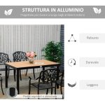 Tavolo da Giardino per 6 Persone in Alluminio e Plastica, Nero e Color Legno - immagine 5