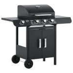 Barbecue a Gas con Coperchio, 4 Bruciatori da 11.6kW, Fornello, Mensola e 2 Ruote, 110x50x100cm Nero