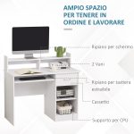 Scrivania per Computer Compatta, Scrivania PC Fisso in Legno Bianco con Ripiano Tastiera Estraibile e Mensole 104x48x95.5cm - immagine 5