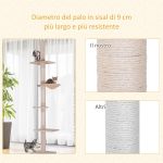 Albero Tiragraffi Multilivello a Soffitto con Amaca e Altezza Regolabile, 40x34x230-260cm, Beige - immagine 8