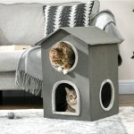 Casetta per Gatti a Due Livelli con Cuscini Lavabili 3 entrate, 42x46x59.5 cm, Grigio - immagine 2