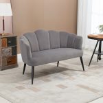 Divano 2 Posti in Velluto con Gambe in Metallo e Schienale a Conchiglia, 132x66x80cm, Grigio - immagine 2