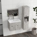 Set Mobili Bagno da 4 Pezzi con Lavabo da 60cm, Mobiletto, Colonna Bagno e Specchiera in Legno, Grigio - immagine 9