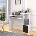 Scrivania Moderna con Mensola per Tastiera e Cassetto in Tessuto, 100x40x86.6cm, Bianco e Nero - immagine 2