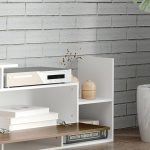 Mobile TV con Mensola a Muro, Ripiani Aperti e Armadietto Chiuso, in Truciolato Bianco e Marrone - immagine 9