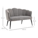 Divano 2 Posti in Velluto con Gambe in Metallo e Schienale a Conchiglia, 132x66x80cm, Grigio - immagine 3