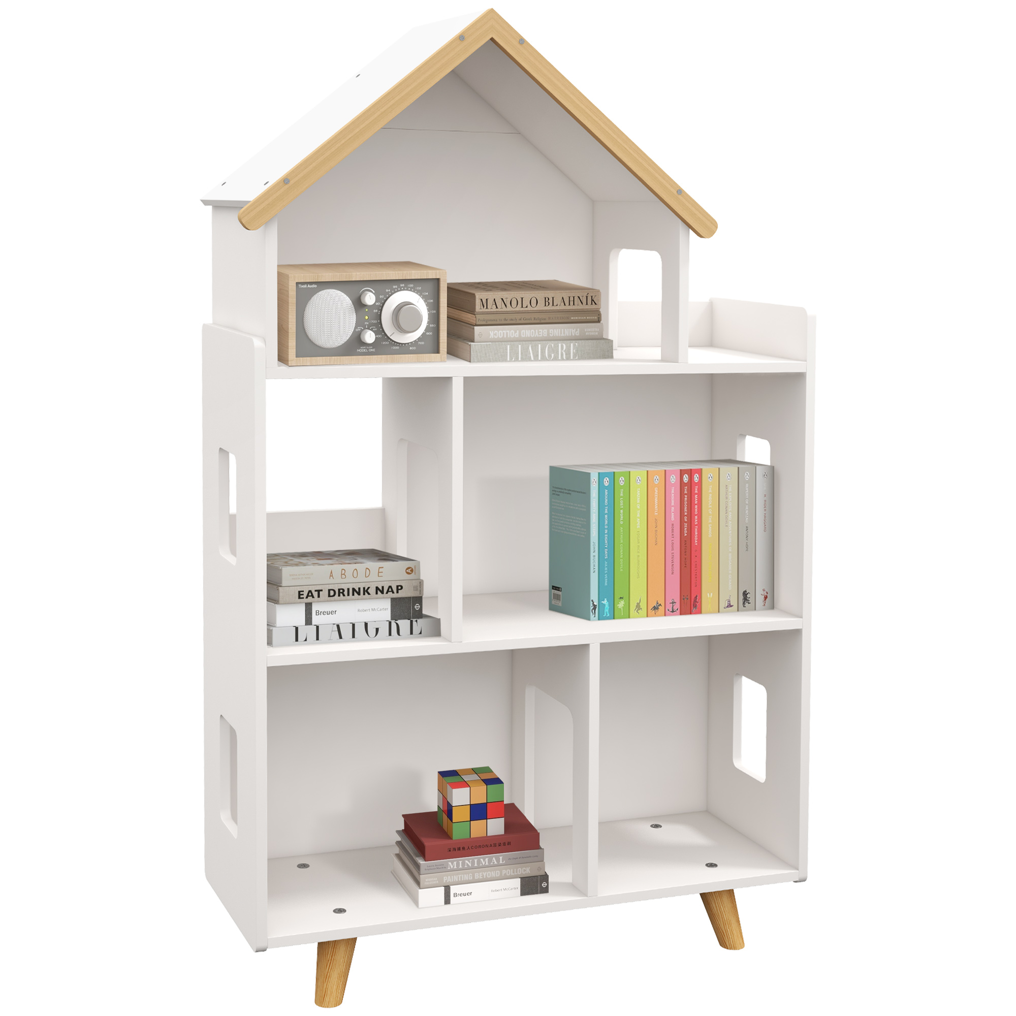 L1h89f1892a12c61f.jpg Libreria per Bambini 3-6 Anni a 3 Livelli per Libri e Giochi, in MDF e Legno di Pino, 65x25x108.5 cm, Bianco - immagine 1