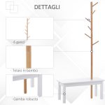 Panca con Appendiabiti da Ingresso, Attaccapanni da Terra in Bambù, Panca da Ingresso Bianca, Design, anche per Camera da Letto, 80x30x180cm, Bianco Legno - immagine 6