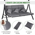 Dondolo da Giardino 3 Posti con Tettuccio Parasole Regolabile e 3 Cuscini, Dondolo da Esterno con Seduta Traspirante in Texteline e Metallo, Portata Fino a 270 kg, 198x118x168 cm, Grigio - immagine 6