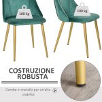 Set 2 Sedie da Pranzo Imbottite Moderne con Rivestimento e Schienale, Gambe in Ferro da Cucina, Salotto o Soggiorno in Stile Moderno, Verde, 50x56.5x85cm - immagine 5