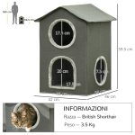 Casetta per Gatti a Due Livelli con Cuscini Lavabili 3 entrate, 42x46x59.5 cm, Grigio - immagine 3