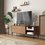 Mobile Porta TV fino 65" con 2 Armadietti e 2 Vani Aperti in Legno, 150x40x56cm, Marrone - immagine 2
