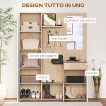 Mobile da Ingresso 4 in 1 in Truciolato con Specchio, Ganci e Ripiani Regolabili Interni, 145x29x184 cm - immagine 4