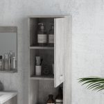 Set Mobili Bagno da 4 Pezzi con Lavabo da 60cm, Mobiletto, Colonna Bagno e Specchiera in Legno, Grigio - immagine 8
