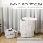 Cesto Portabiancheria in Vimini con Coperchio e Sacco Interno in Tessuto Lavabile, Bianco - immagine 5