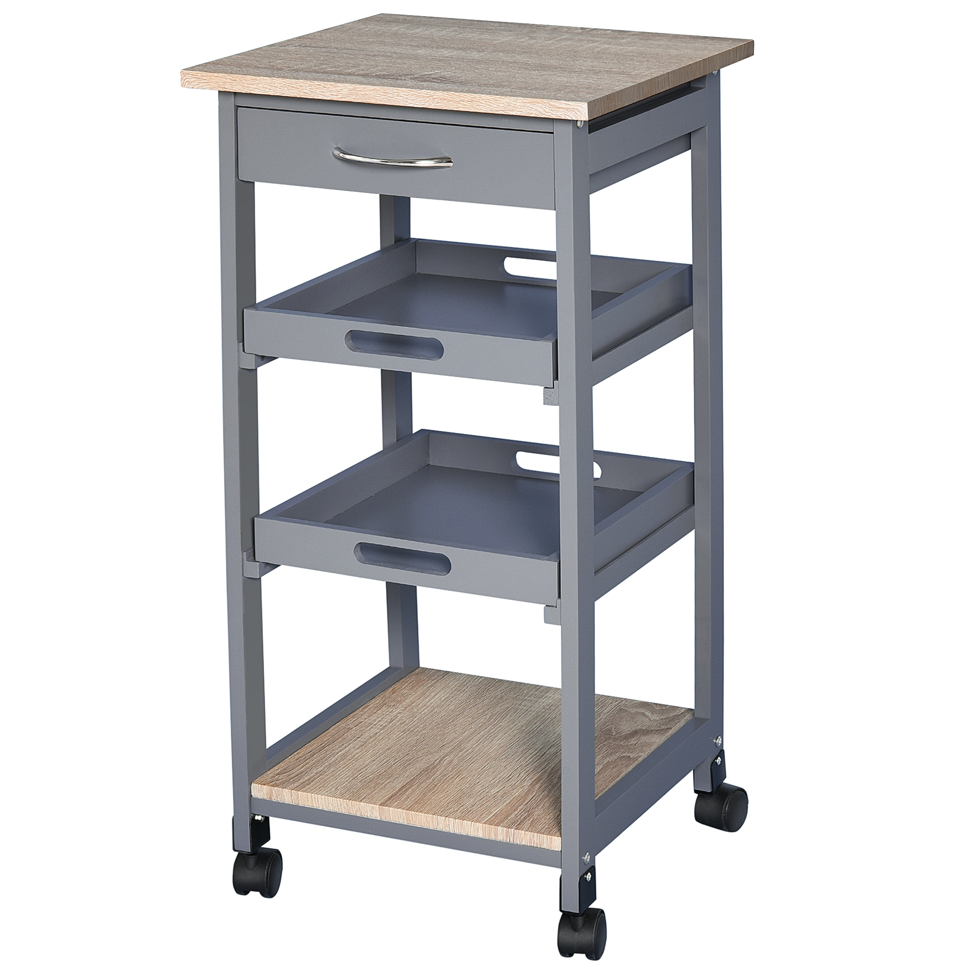 Utcd7219a81b43877.jpg Carrello da Cucina con Cassetto, 2 Vassoi Estraibili e Ripiano Fisso, in Legno di Pino e MDF, 37x37x76 cm - immagine 1