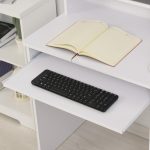 Scrivania per Computer Compatta, Scrivania PC Fisso in Legno Bianco con Ripiano Tastiera Estraibile e Mensole 104x48x95.5cm - immagine 8