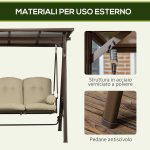 Dondolo da Giardino 3 Posti in Acciaio con Tettuccio Inclinabile e Cuscini, 208x120x174 cm - immagine 6