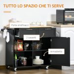 Carrello da Cucina Multiuso in Legno con 2 Cassetti, Armadietto e 4 Ruote, 104x46x91cm, Nero - immagine 4