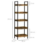 Libreria Stile Industriale a 5 Ripiani in Legno e Metallo, 48x30x155cm, Marrone Rustico - immagine 3