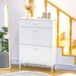 Mobile Scarpiera Moderno per 12 Paia di Scarpe con 2 Ante a Ribalta e Cassetto, 76x26x110 cm, Bianco - immagine 2