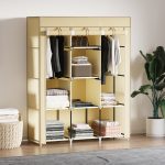 Armadio in Tessuto con 8 Ripiani e 2 Barre con Porta Avvolgibile, 125x46x162.5cm, Beige - immagine 2