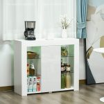 Credenza Moderna a Anta con Luci LED e Mensole in Vetro, Mobile Multiuso in Legno con Finitura Lucida, 97x35x83cm, Bianco - immagine 9