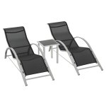 Set 2 Sdraio da Giardino e Tavolino in Vetro, Lettino Prendisole con Tessuto Traspirante, 59x169x66cm, Nero Grigio
