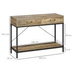 Tavolo Consolle Stile Vintage in Metallo e Legno con 2 Cassetti e Mensola, 100x35x76.5cm, Marrone - immagine 3