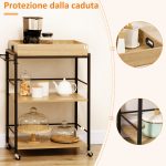 Carrello da Cucina a 3 Ripiani con Vassoio Rimovibile e Ruote Girevoli, 72x40x94cm, Legno e Nero - immagine 7