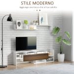 Mobile TV con Mensola a Muro, Ripiani Aperti e Armadietto Chiuso, in Truciolato Bianco e Marrone - immagine 4