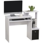 Scrivania Moderna con Mensola per Tastiera e Cassetto in Tessuto, 100x40x86.6cm, Bianco e Nero