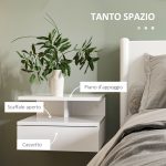 Set da 2 Comodini Moderni Sospesi con Cassetto e Mensola in Legno 35x32x22.5cm, Bianco Lucido - immagine 5