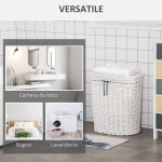 Cesto Portabiancheria in Vimini con Coperchio e Sacco Interno in Tessuto Lavabile, Bianco - immagine 7