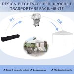 Gazebo Pieghevole 2.5 x 2.5 m Impermeabile con Corde e Picchetti, in Acciaio e Tessuto Oxford, Bianco - immagine 5