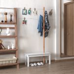 Panca con Appendiabiti da Ingresso, Attaccapanni da Terra in Bambù, Panca da Ingresso Bianca, Design, anche per Camera da Letto, 80x30x180cm, Bianco Legno - immagine 2