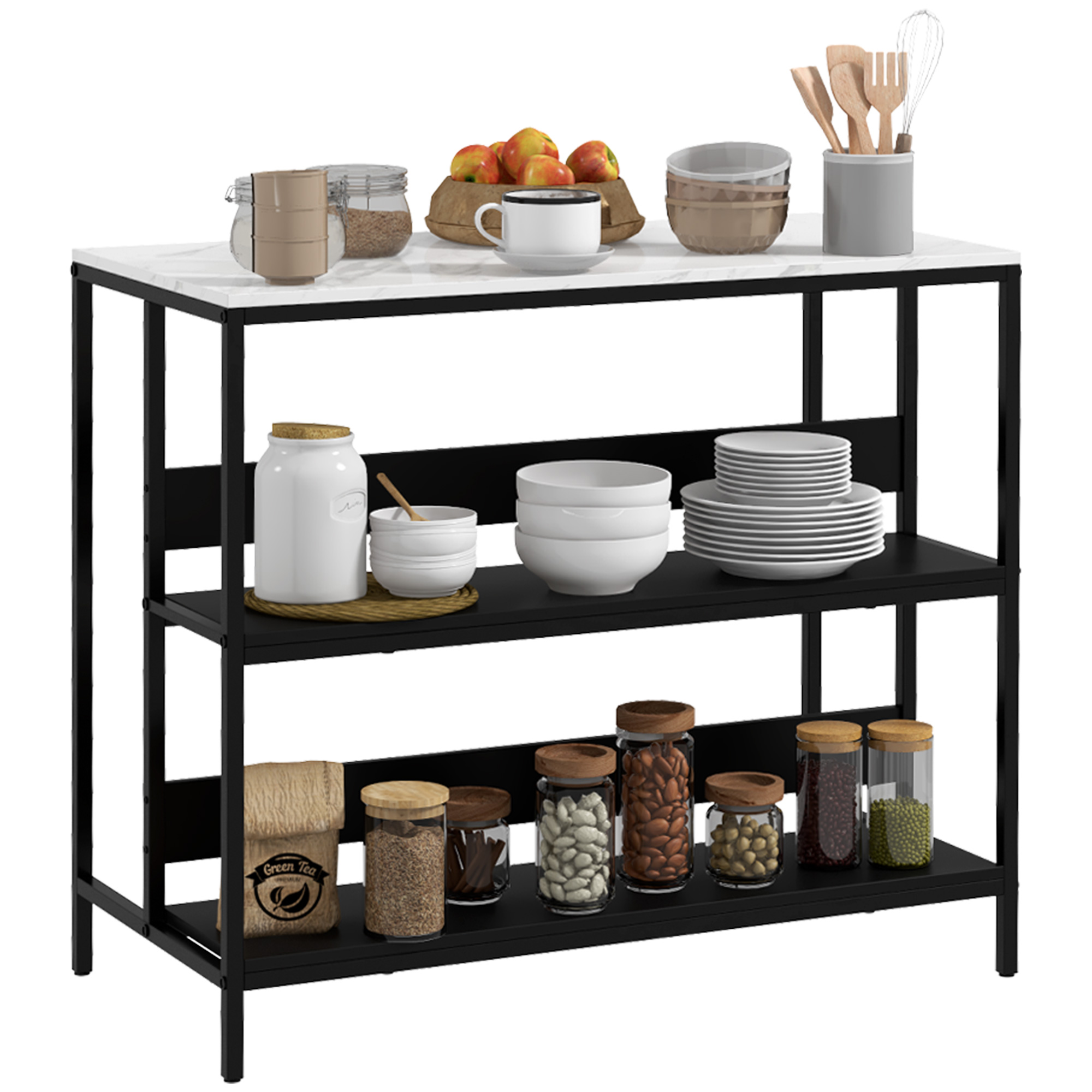ffY19818b0537cd4f.jpg Isola da Cucina con Mensole, Piano Effetto Marmo e Struttura in Metallo, 100x50x90cm, Nero e Bianco - immagine 1