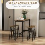 Set Tavolo e Sedie 5 Pezzi con 4 Sgabelli con Poggiapiedi e Tavolo Rettangolare, Nero e Marrone - immagine 4