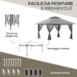 Gazebo Pieghevole 4x4 con Borsa da Trasporto, Picchetti, Funi e Sacchi di Sabbia Inclusi, 392x392x283 cm, Grigio - immagine 5