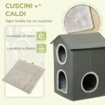 Casetta per Gatti a Due Livelli con Cuscini Lavabili 3 entrate, 42x46x59.5 cm, Grigio - immagine 5