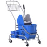 Carrello Pulizie Professionale con Cesto Sospeso, Ripiano, 25L Secchio Lavapavimenti con Strizzatore, Carrello Multiuso con Gancio per Hotel, Albergo e Ristorante, 72x49.5x95 cm, Blu