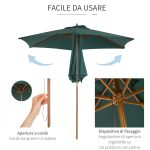 Ombrellone da Giardino 2.5x2.3m a 6 Stecche, in Legno e Poliestere, Verde Scuro - immagine 5