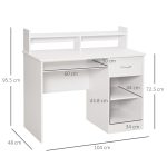 Scrivania per Computer Compatta, Scrivania PC Fisso in Legno Bianco con Ripiano Tastiera Estraibile e Mensole 104x48x95.5cm - immagine 3