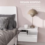 Set da 2 Comodini Moderni Sospesi con Cassetto e Mensola in Legno 35x32x22.5cm, Bianco Lucido - immagine 4