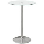 Tavolo Alto da Bar Moderno Rotondo con Base in Acciaio e Piano in Vetro, Ø70x102cm, Trasparente