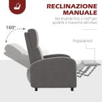 Poltrona Reclinabile 160° in Tessuto Effetto Lino con Braccioli Quadrati, 64x86x102 cm, Grigia - immagine 5