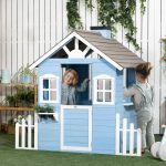 Casa per Bimbi 3-7 Anni con Staccionata, Portavasi, Porta e Finestre, in Legno di Abete, 151x112.5x142 cm, Blu - immagine 2